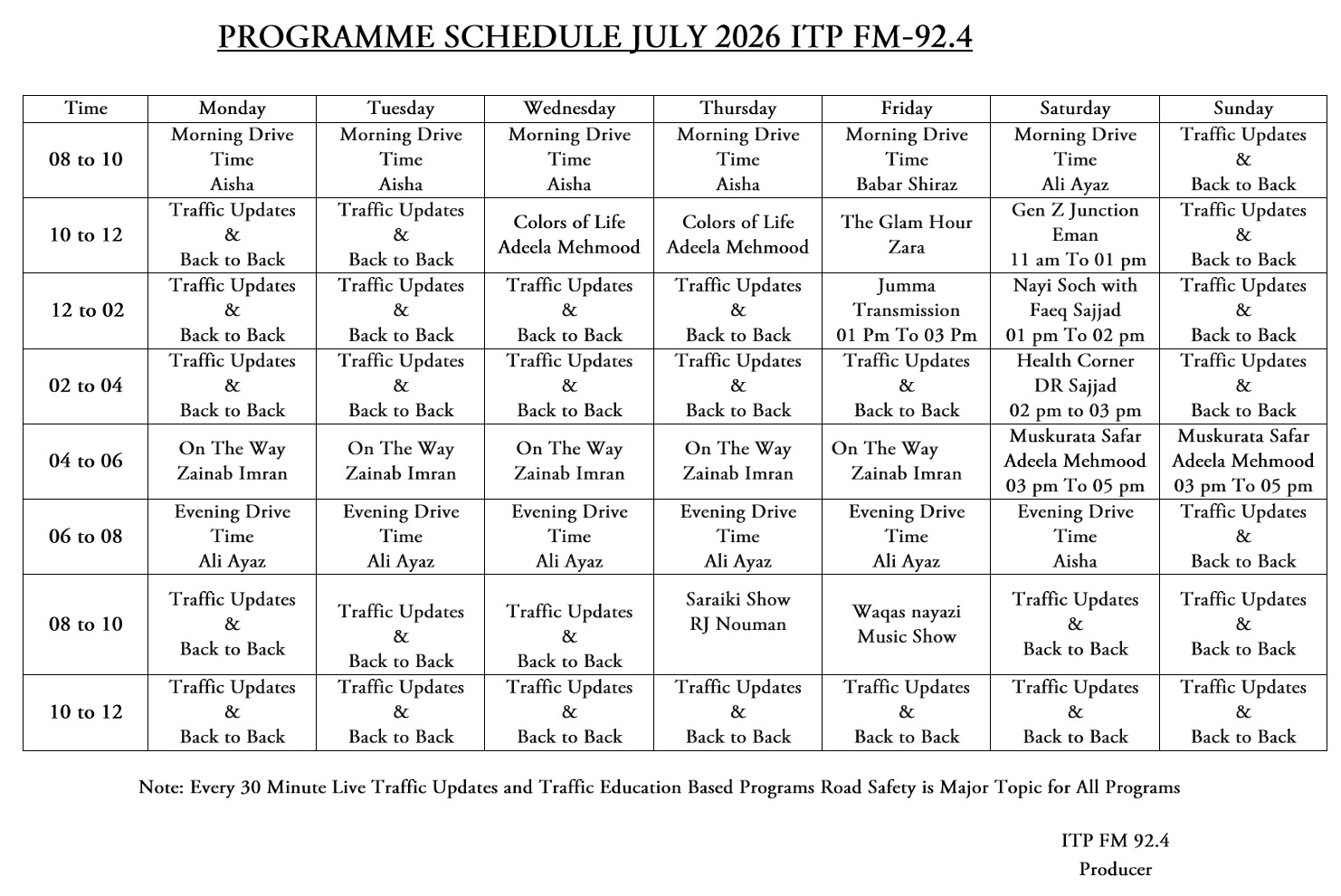 FM 92.4 Programs Schedule